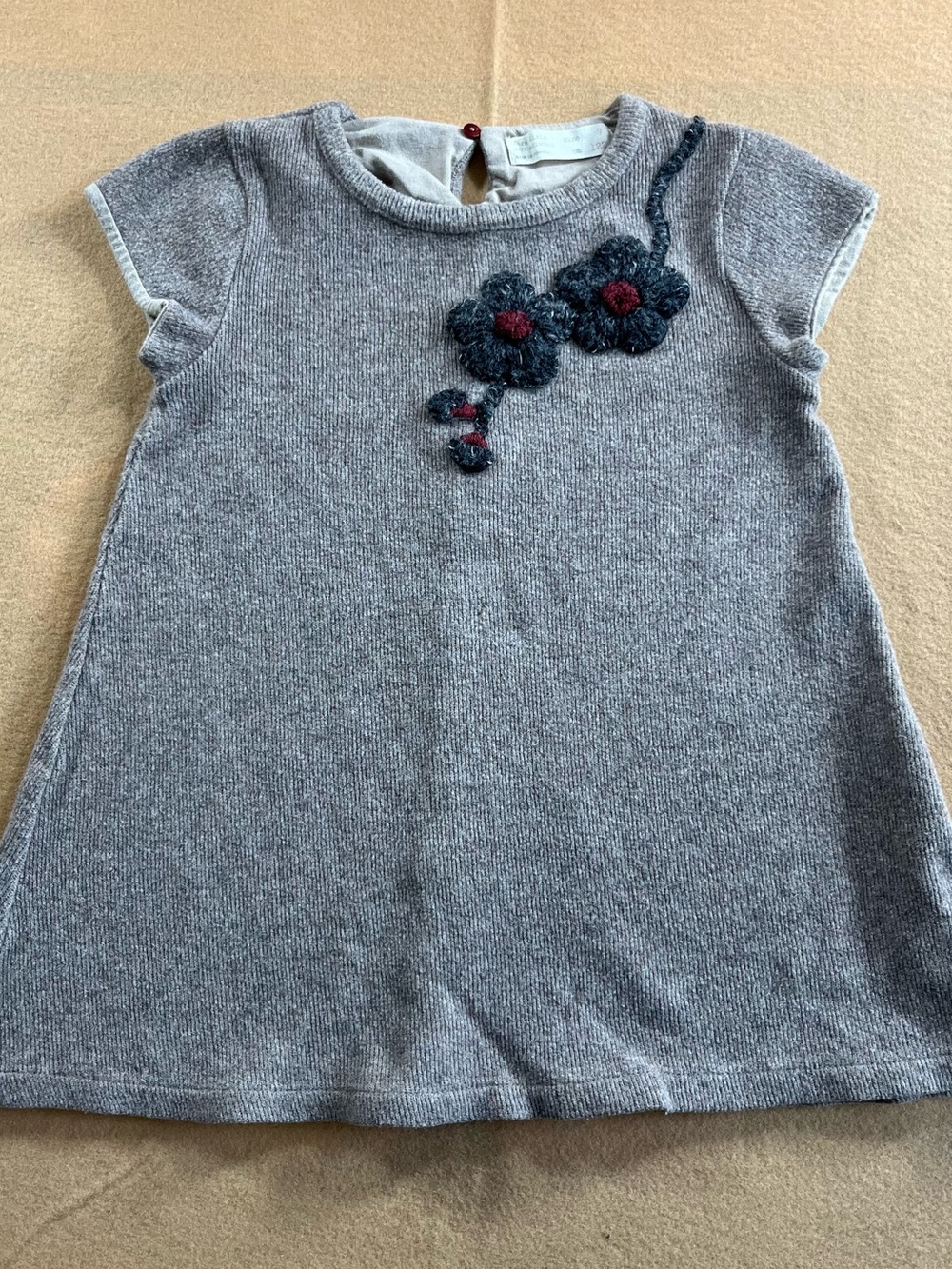 Zara Girls 7Y Gray Wool Blend Knit Floral Appliqué Tunic Top